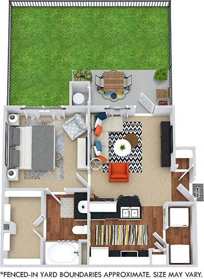 Floor plan for 1 bed, 1 bath, 625 sqft